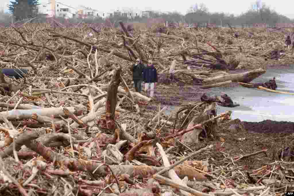 People walk along a beach near the estuary of the river Le Tech in Argeles-sur-Mer, southeastern France, where trees were washed ashore folowing storm Gloria.